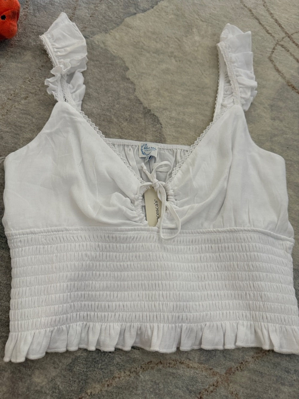 Francesca's Collections White Smocked Ruffle Crop Top
